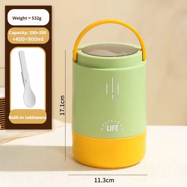 Insulated Lunch Box | 3-Tier Stainless Steel Food Jar with Built-in Cutlery | 900ml Leakproof Lunch Pot, BPA-Free, Keeps Food Hot Up to 6 Hours | Microwave & Dishwasher Safet