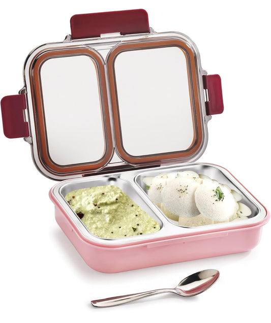 Leak Proof Airtight Unbreakable Lid BPA Free Ceelik Duo Stainless Steel Insulated Lunch Tiffin Box Set with Steel Spoon 2 Compartment Lunch Box for School Kids, Office Women Men