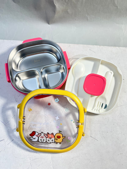 Insulated Lunch Box|Stainless Steel|3 Compartments to Keep Eating Mess Free|Lightweight, Fits in The Bag|Small Container for Pickle/Sauce|Comes with Fork & Spoon|Easy to Carry - 700 ML,