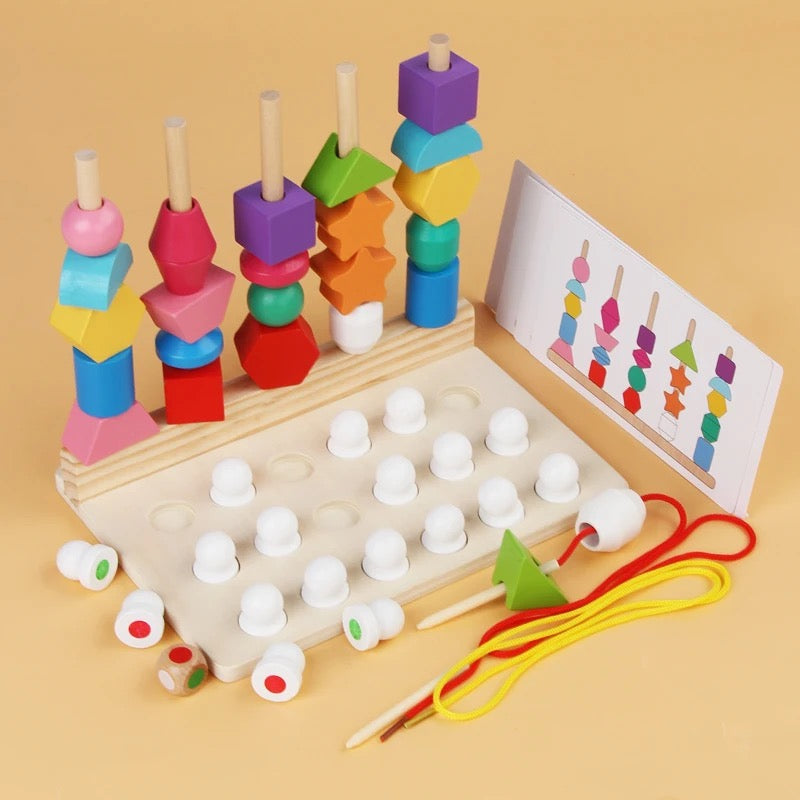 3 in 1 wooden Memory chess , five pillars & fishing game