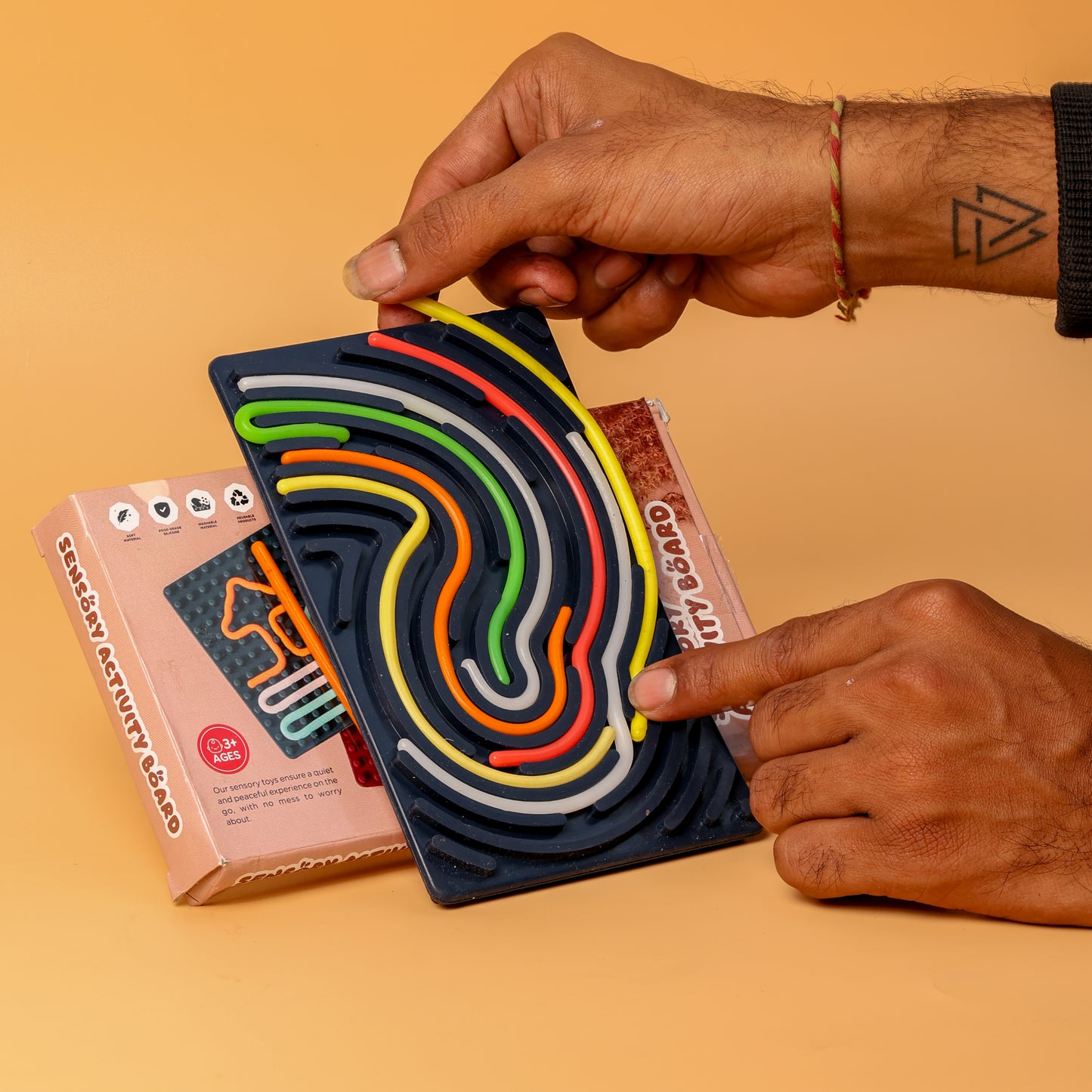 Sensory Silicone Toy with Silicone Strips with Double-Sided Activity Board