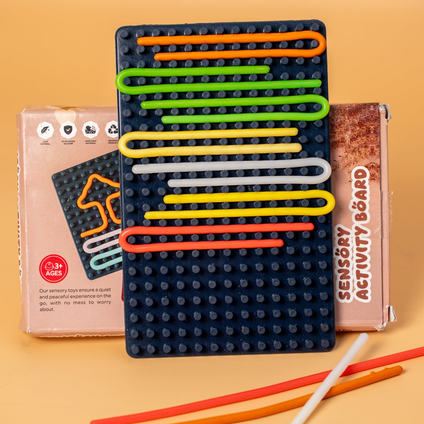 Sensory Silicone Toy with Silicone Strips with Double-Sided Activity Board