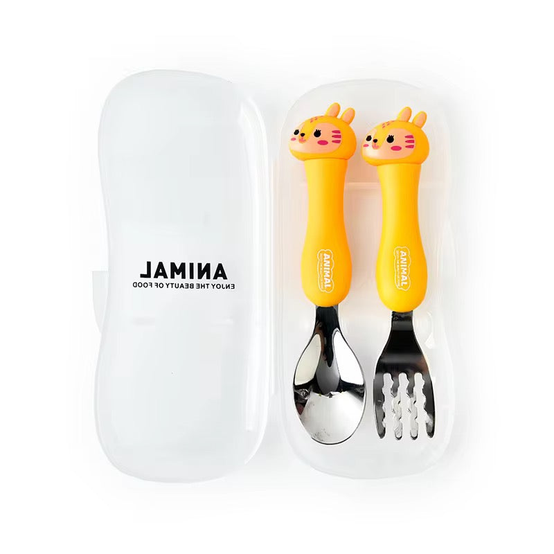 Baby Self Feeding Spoon & Fork with Case Stainless Steel Cutlery Cute Fork Spoon 2 pcs Set for Child Baby Home School Use