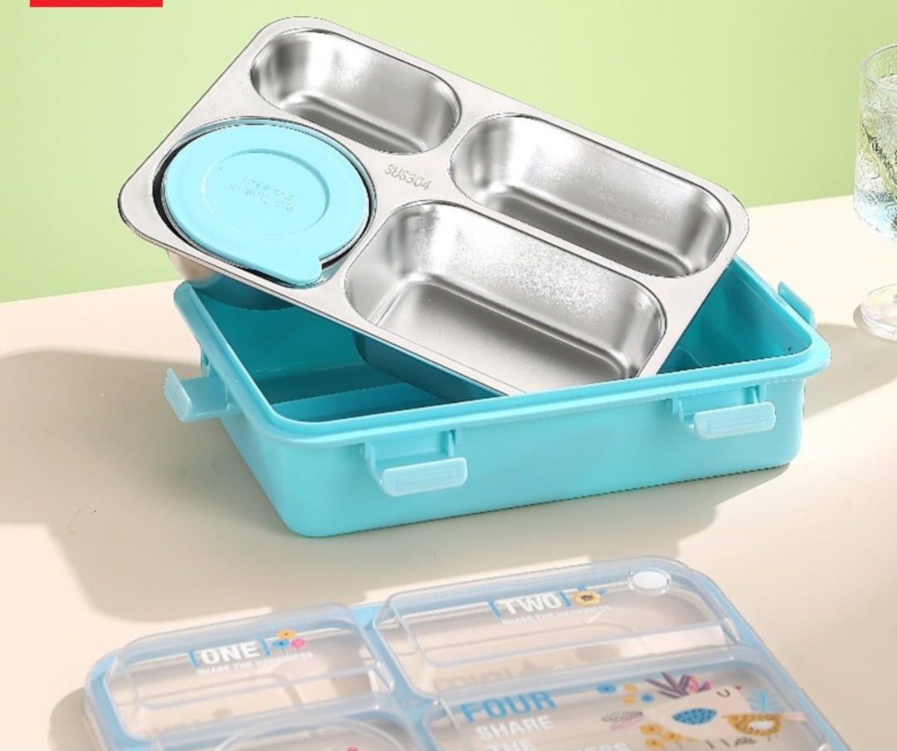 4 Compartment lunch box . with bowl , Spoon & Chopstick Leakproof Heating & Water Insulation- 900ml+70 ml