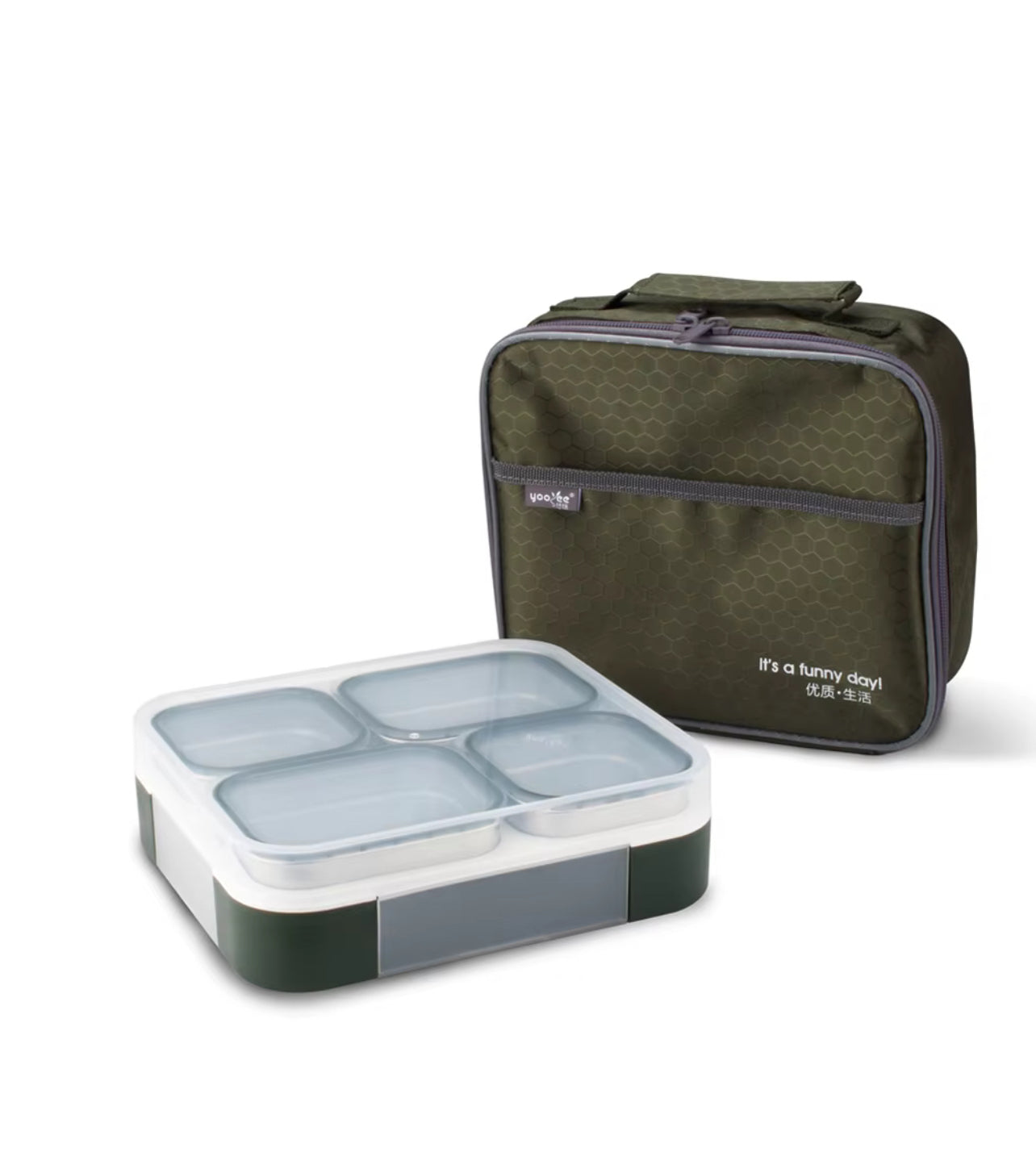 Yoo yee . Bento lunch box with insulated bag 4 compartment stainless steel .