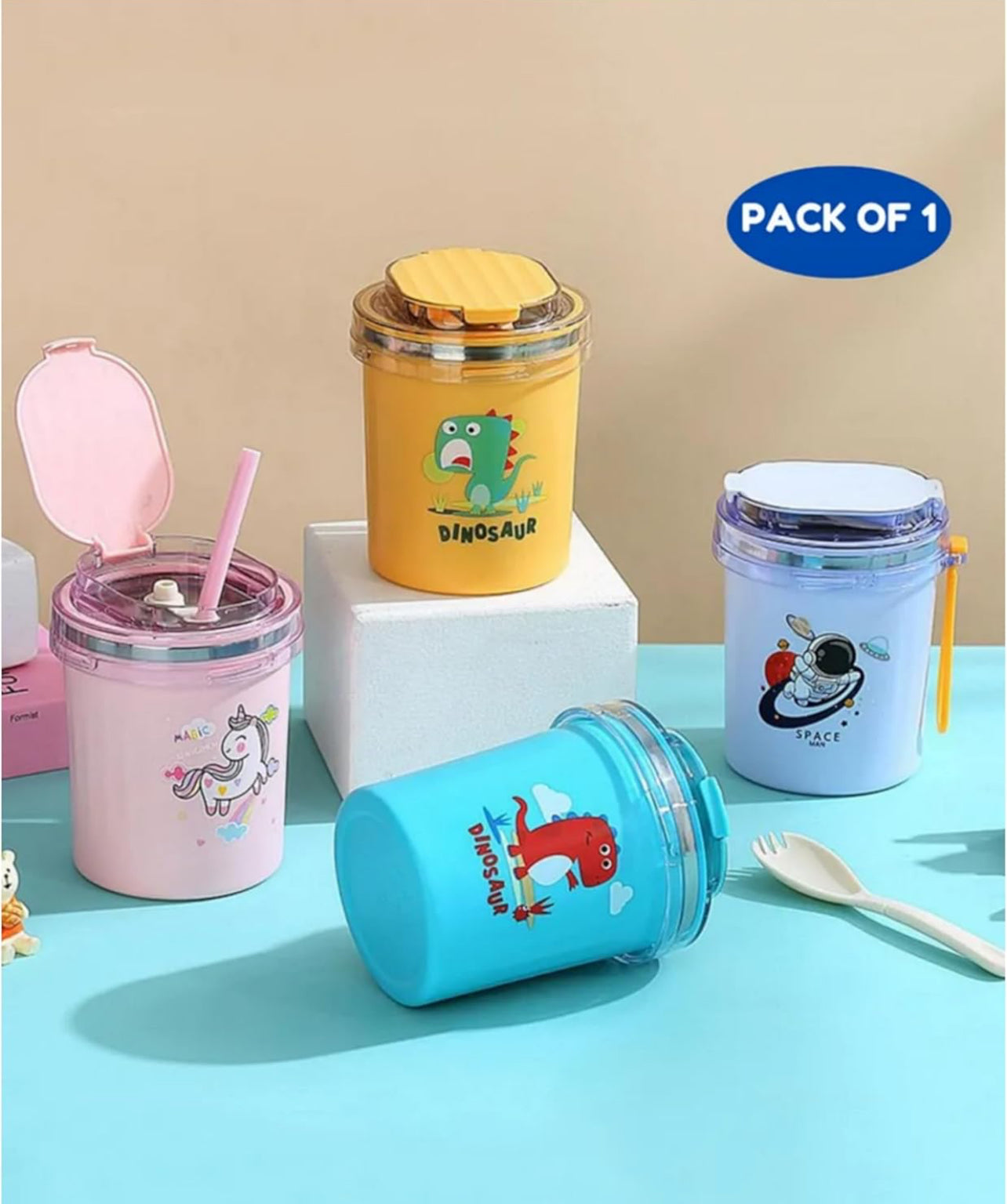 304 Stainless Steel Double Wall Thermal Insulated Vacuum Mug with Lid, Spoon & Straw Hot & Cold Milk Coffee Tea Soup Drinking Travelling Cup Girls Boys - 530ml