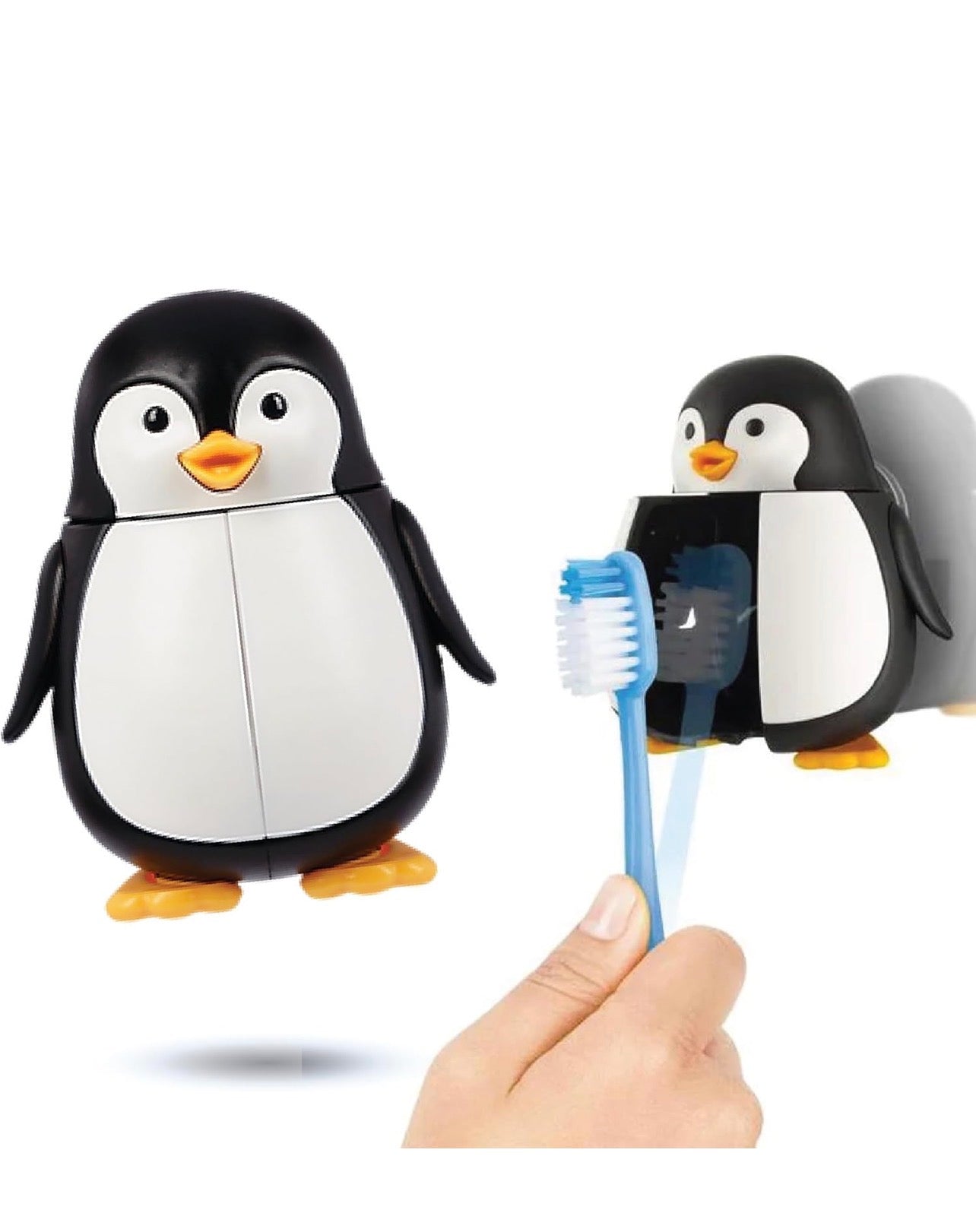 Flipper Fun Animal Penguin Toothbrush Cover , One Touch Open & Close ,Suction Cup Toothbrush Holder for Mirrors, Glass or Tiles ,Dust-proof Adorable Easy to Use