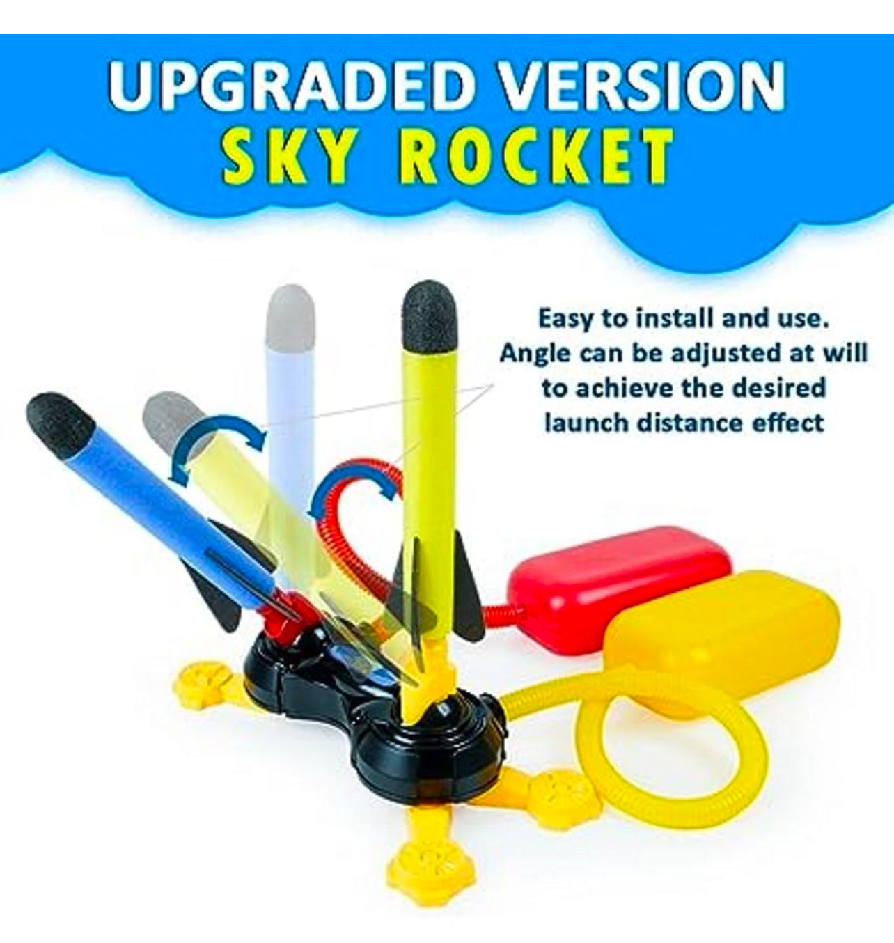 Multi Sky Rocket Toys For Kids , 4 Foam Tipped Rockets , Dual Shot Stomp Launcher Outdoor Toy Set