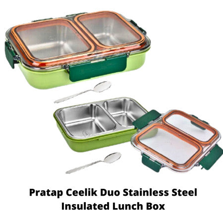 Leak Proof Airtight Unbreakable Lid BPA Free Ceelik Duo Stainless Steel Insulated Lunch Tiffin Box Set with Steel Spoon 2 Compartment Lunch Box for School Kids, Office Women Men