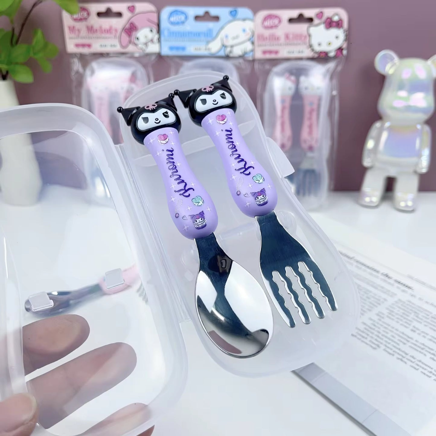 Baby Self Feeding Spoon & Fork with Case Stainless Steel Cutlery Cute Fork Spoon 2 pcs Set for Child Baby Home School Use