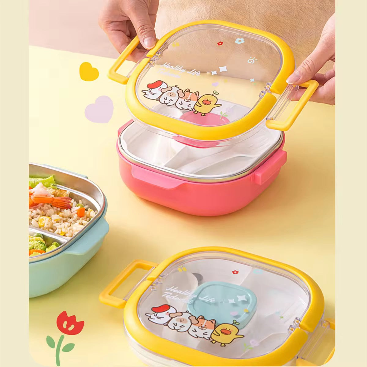 Insulated Lunch Box|Stainless Steel|3 Compartments to Keep Eating Mess Free|Lightweight, Fits in The Bag|Small Container for Pickle/Sauce|Comes with Fork & Spoon|Easy to Carry - 700 ML,