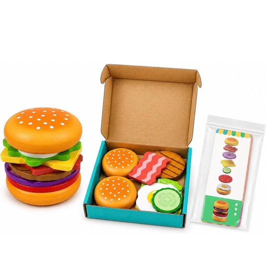 Wooden Burger Stacking Toy Set - Pretend Play Kitchen Toys for Kids