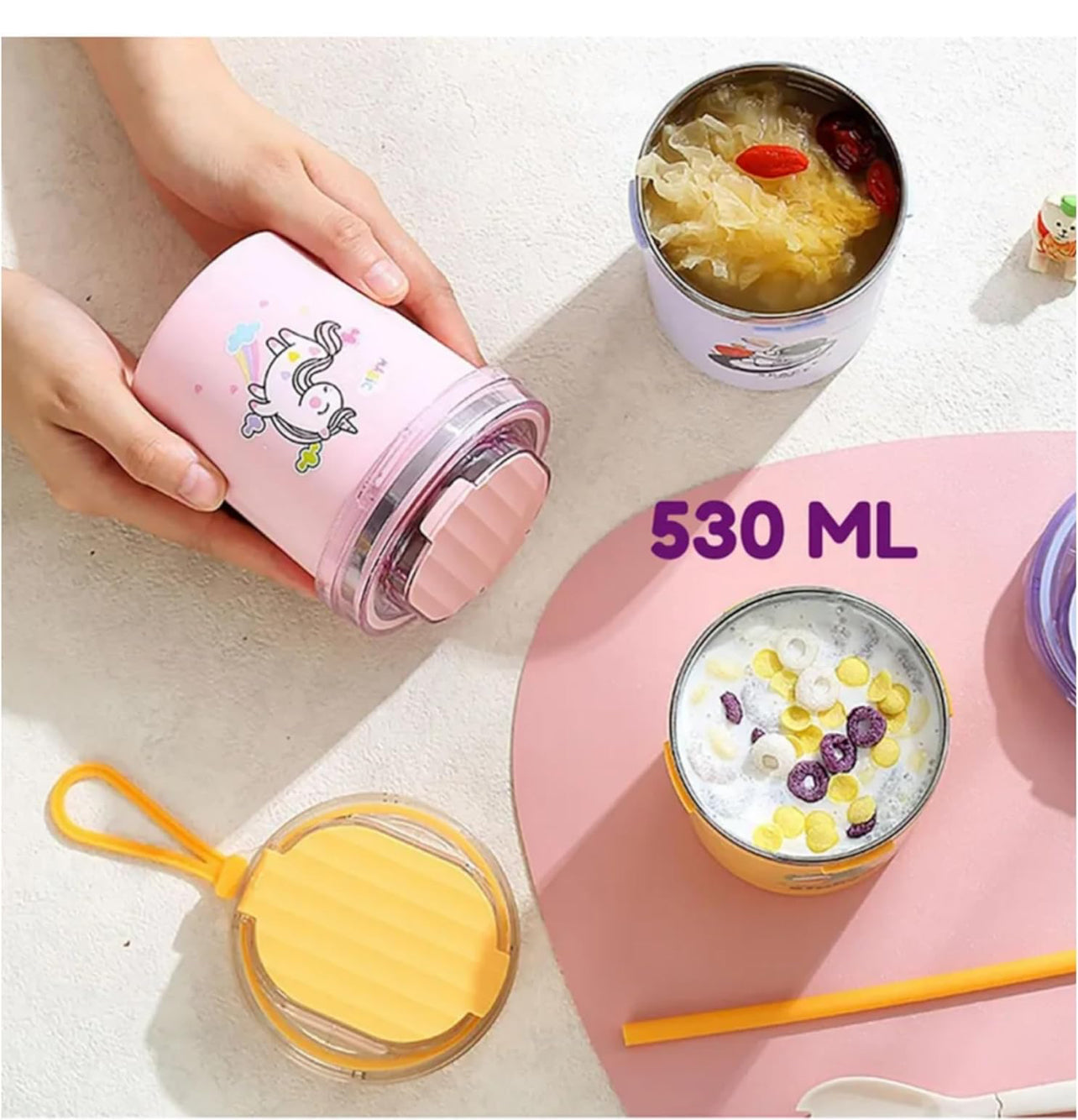 304 Stainless Steel Double Wall Thermal Insulated Vacuum Mug with Lid, Spoon & Straw Hot & Cold Milk Coffee Tea Soup Drinking Travelling Cup Girls Boys - 530ml