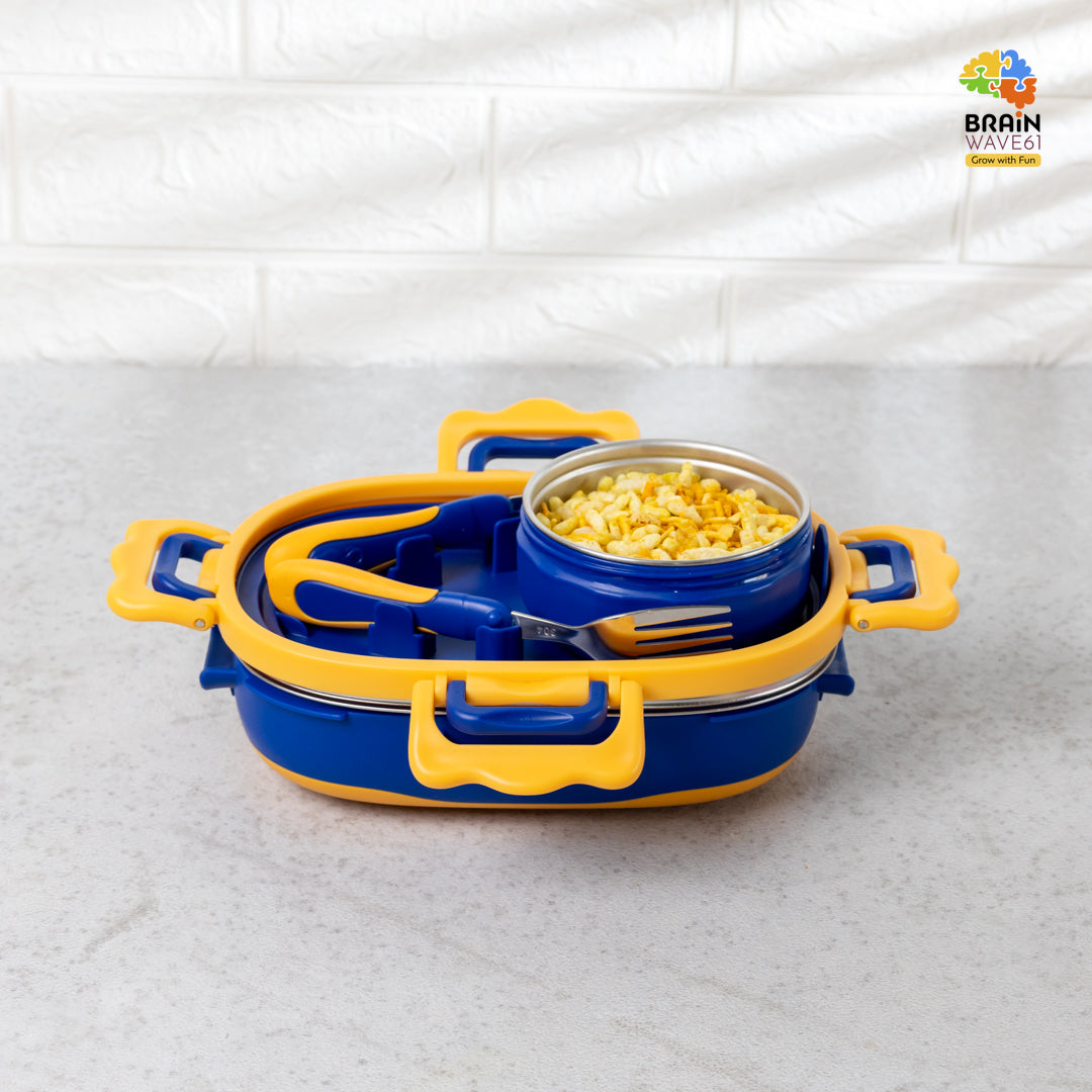 Little cat 3 compartment stainless lunch box with cutlery and lunch bag