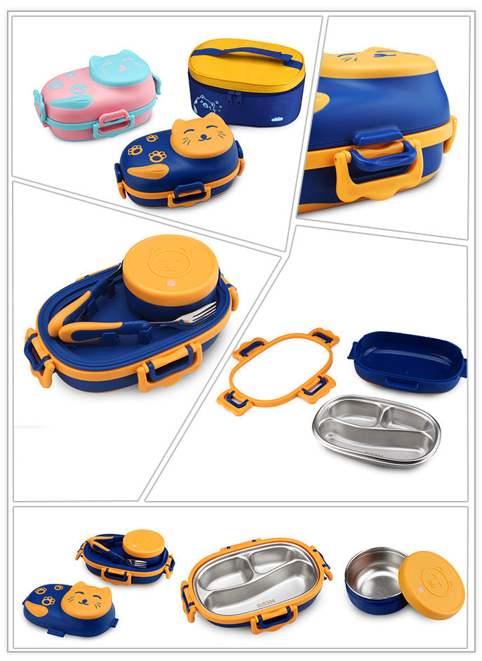Little cat 3 compartment stainless lunch box with cutlery and lunch bag