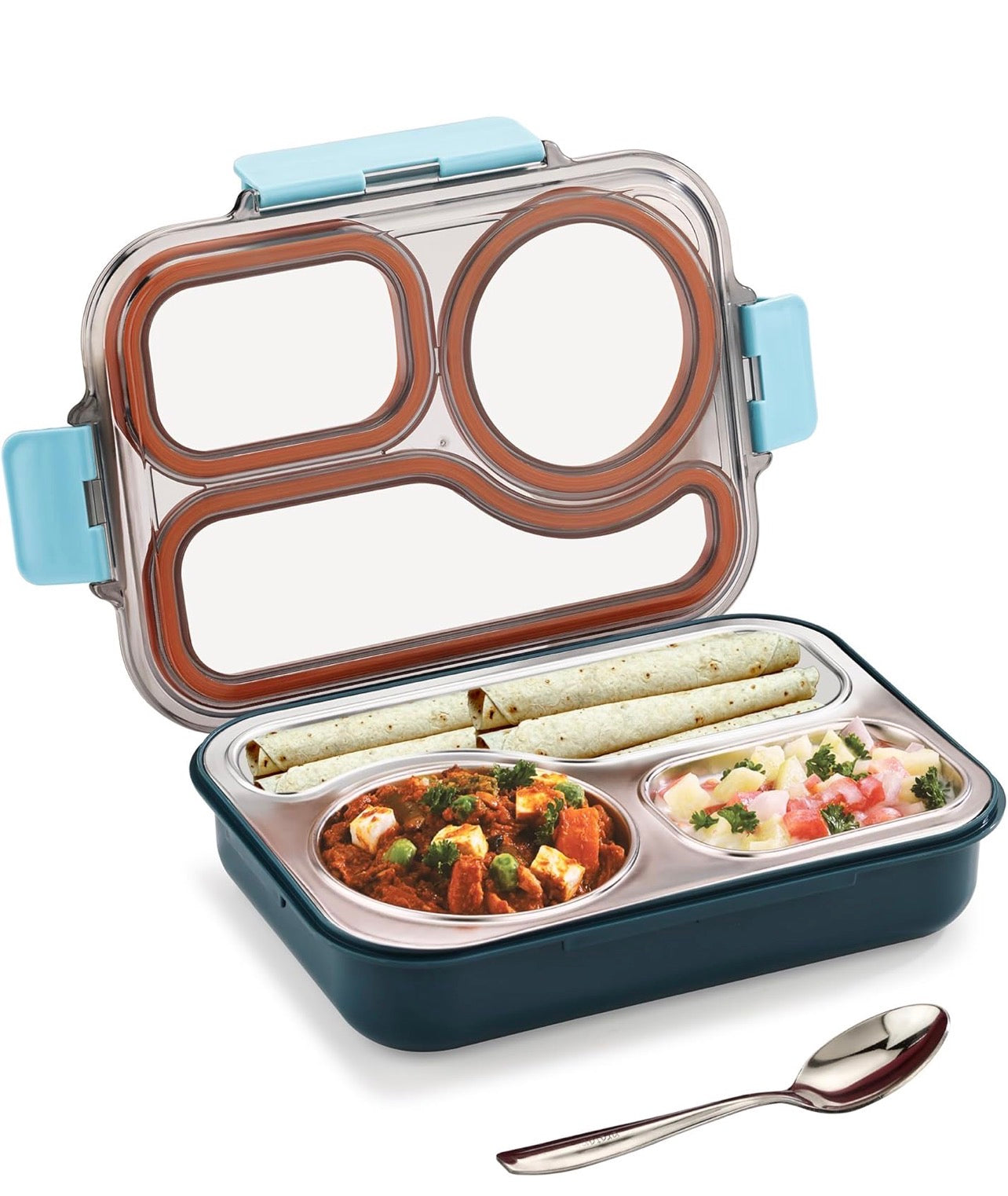 Leak Proof Airtight Unbreakable Lid BPA Free Ceelik Trio NX Insulated Lunch Tiffin Box, 1 Steel Spoon 3 Compartment Lunch Box Steel for School Kids Boys Mens Girls Office Women