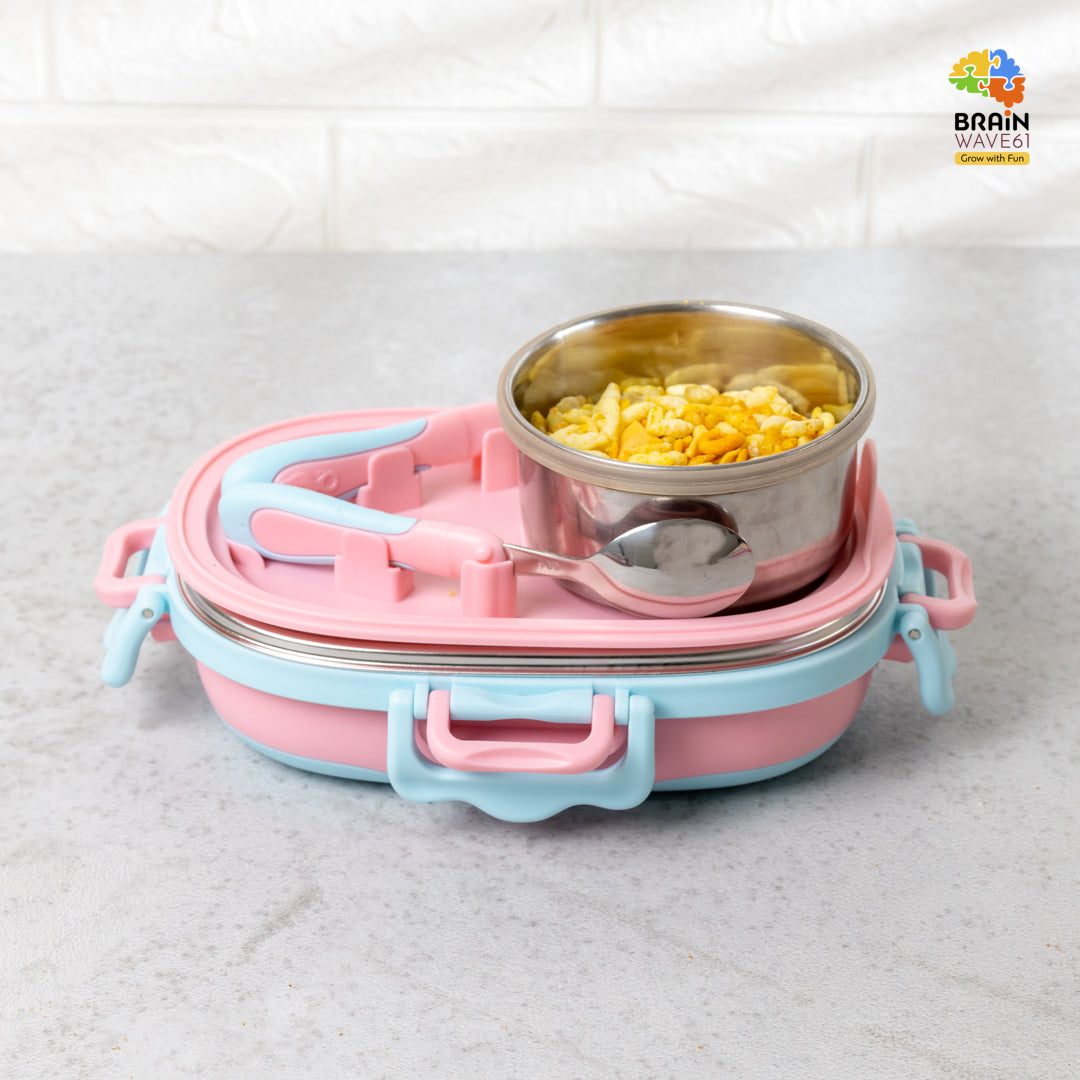 Little cat 3 compartment stainless lunch box with cutlery and lunch bag
