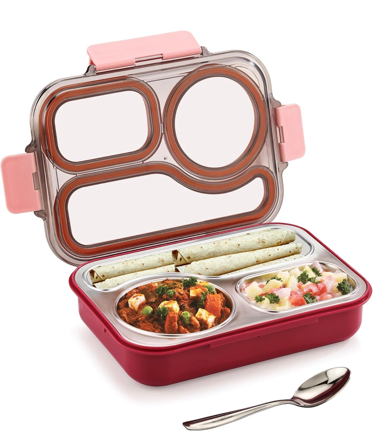 Leak Proof Airtight Unbreakable Lid BPA Free Ceelik Trio NX Insulated Lunch Tiffin Box, 1 Steel Spoon 3 Compartment Lunch Box Steel for School Kids Boys Mens Girls Office Women