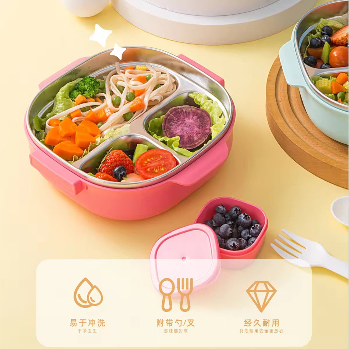 Insulated Lunch Box|Stainless Steel|3 Compartments to Keep Eating Mess Free|Lightweight, Fits in The Bag|Small Container for Pickle/Sauce|Comes with Fork & Spoon|Easy to Carry - 700 ML,