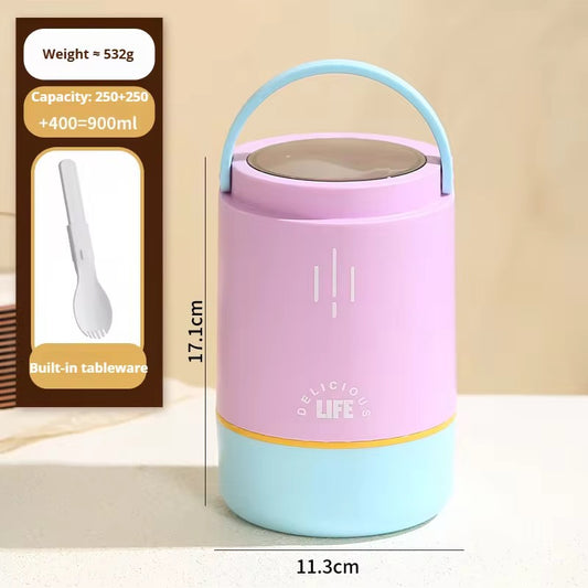 Insulated Lunch Box | 3-Tier Stainless Steel Food Jar with Built-in Cutlery | 900ml Leakproof Lunch Pot, BPA-Free, Keeps Food Hot Up to 6 Hours | Microwave & Dishwasher Safet