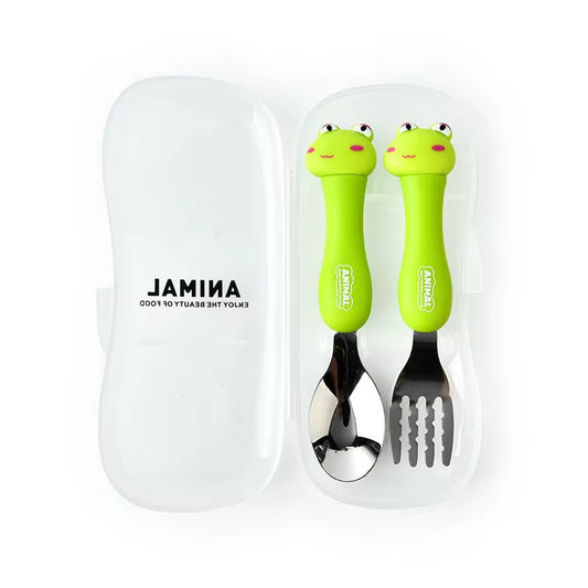 Baby Self Feeding Spoon & Fork with Case Stainless Steel Cutlery Cute Fork Spoon 2 pcs Set for Child Baby Home School Use