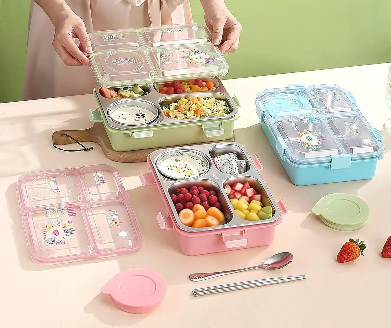 4 Compartment lunch box . with bowl , Spoon & Chopstick Leakproof Heating & Water Insulation- 900ml+70 ml
