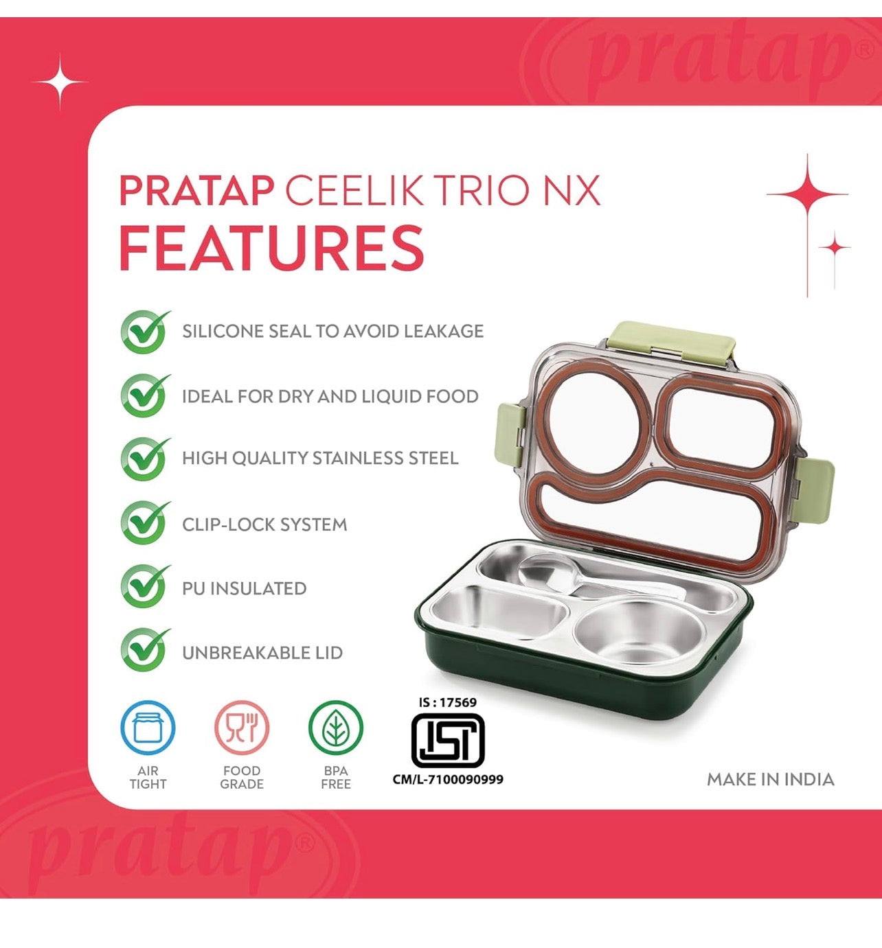 Leak Proof Airtight Unbreakable Lid BPA Free Ceelik Trio NX Insulated Lunch Tiffin Box, 1 Steel Spoon 3 Compartment Lunch Box Steel for School Kids Boys Mens Girls Office Women