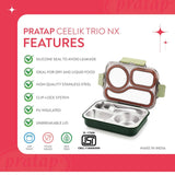 Leak Proof Airtight Unbreakable Lid BPA Free Ceelik Trio NX Insulated Lunch Tiffin Box, 1 Steel Spoon 3 Compartment Lunch Box Steel for School Kids Boys Mens Girls Office Women