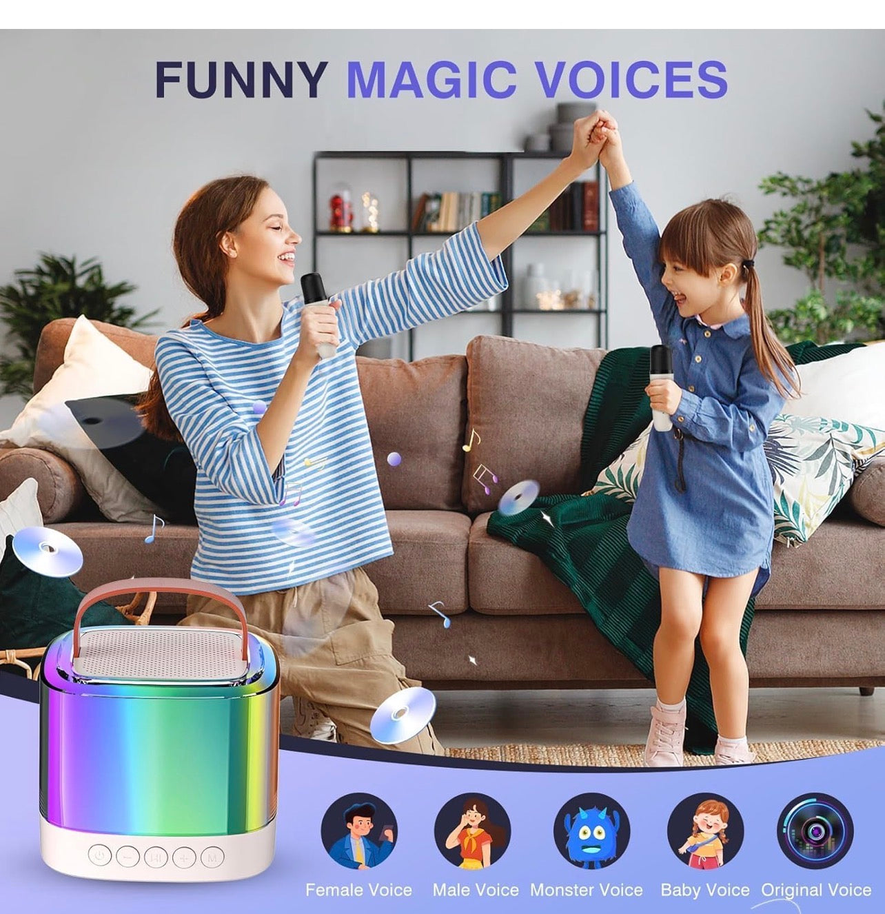 Mini Portable Bluetooth Karaoke Speaker with 2 Wireless Mics and LED Color Lights, Party, Home KTV, Birthday for Girls/Boys Ages 3-12+