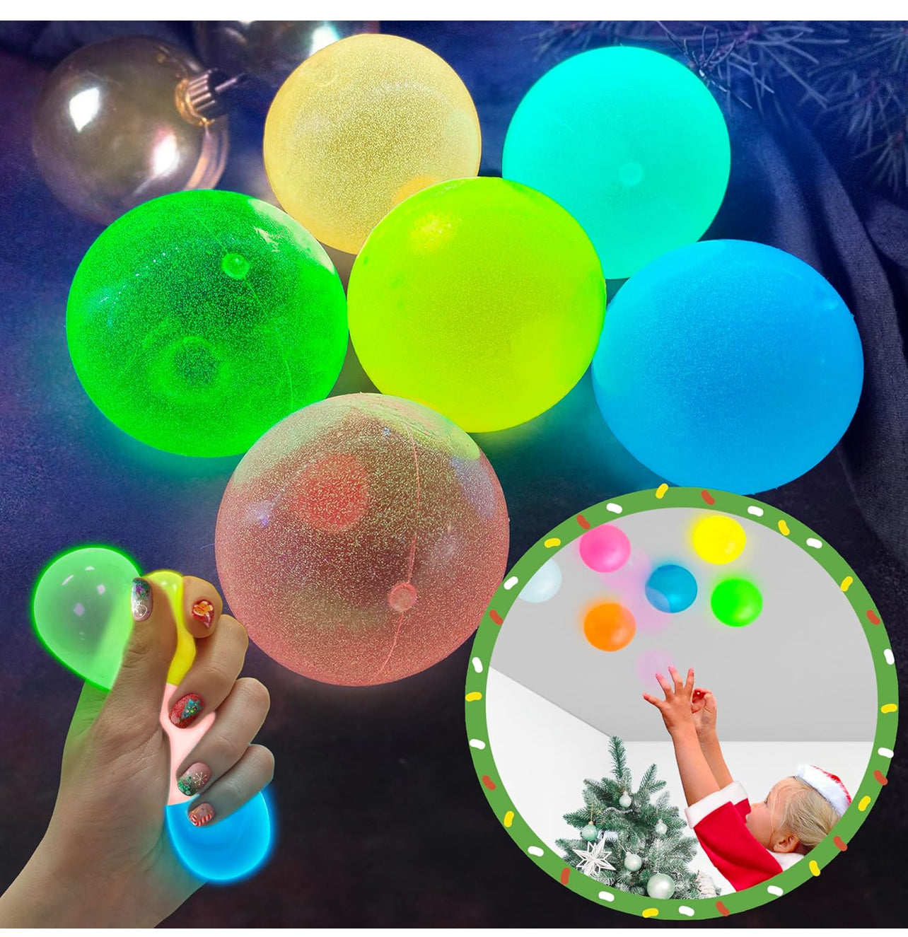 Glow Wall Ball Sticky 6PCS Grow in The Dark Round Luminous Fluorescent Washable Stress Relief Ball Toy Washable