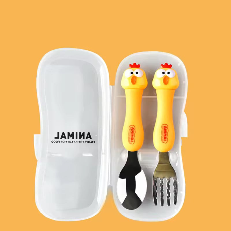 Baby Self Feeding Spoon & Fork with Case Stainless Steel Cutlery Cute Fork Spoon 2 pcs Set for Child Baby Home School Use