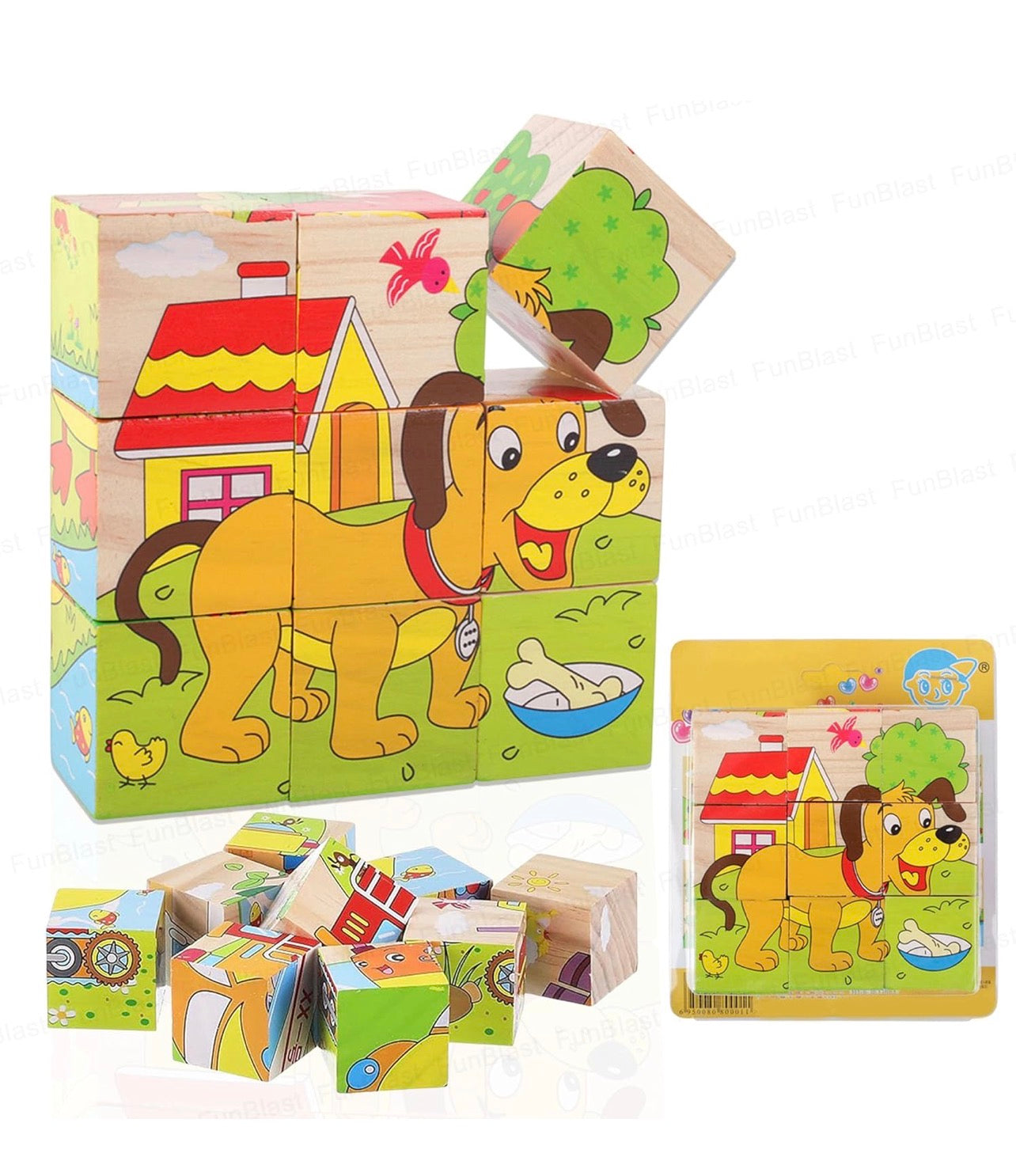 3D Wooden Jigsaw Puzzle Cube Blocks for Kids – 6-in-1 Farm Animals Puzzle with 9 Pieces – Early Learning Educational Toys