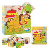 3D Wooden Jigsaw Puzzle Cube Blocks for Kids – 6-in-1 Farm Animals Puzzle with 9 Pieces – Early Learning Educational Toys