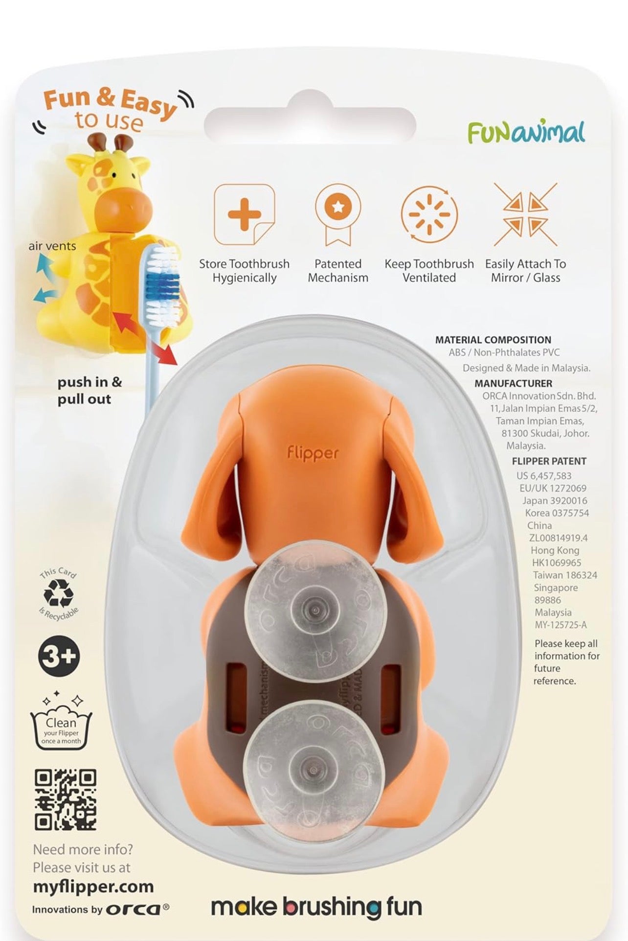 Flipper Fun Animal Penguin Toothbrush Cover , One Touch Open & Close ,Suction Cup Toothbrush Holder for Mirrors, Glass or Tiles ,Dust-proof Adorable Easy to Use