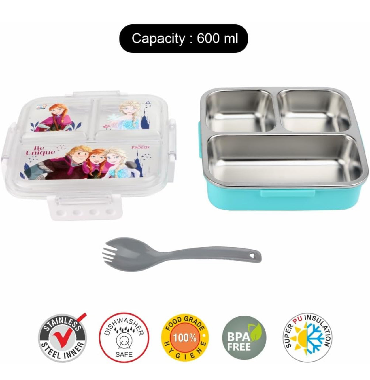 Disney print Insulated Lunch Box with 3 Compartments, Stainless Steel Interior & Embossed Printed Lid | Leak-Proof Design | 600 ML