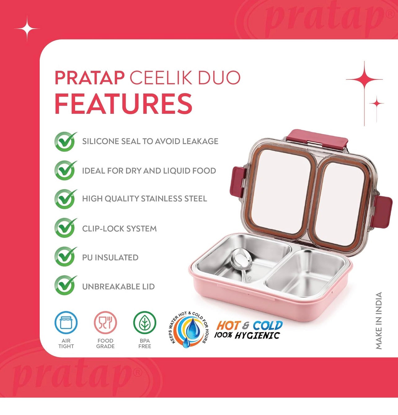 Leak Proof Airtight Unbreakable Lid BPA Free Ceelik Duo Stainless Steel Insulated Lunch Tiffin Box Set with Steel Spoon 2 Compartment Lunch Box for School Kids, Office Women Men