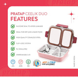 Leak Proof Airtight Unbreakable Lid BPA Free Ceelik Duo Stainless Steel Insulated Lunch Tiffin Box Set with Steel Spoon 2 Compartment Lunch Box for School Kids, Office Women Men