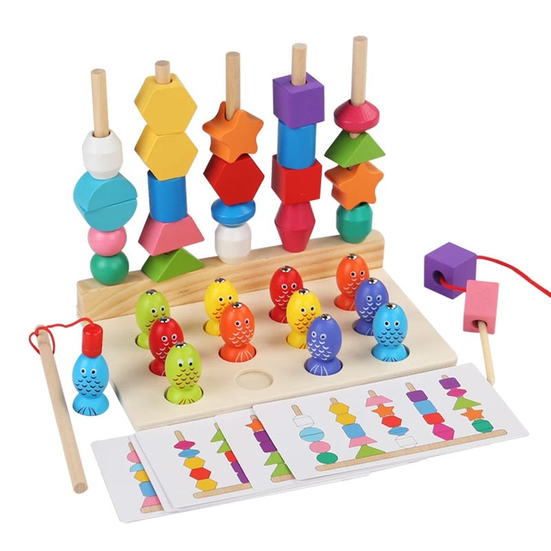 3 in 1 wooden Memory chess , five pillars & fishing game