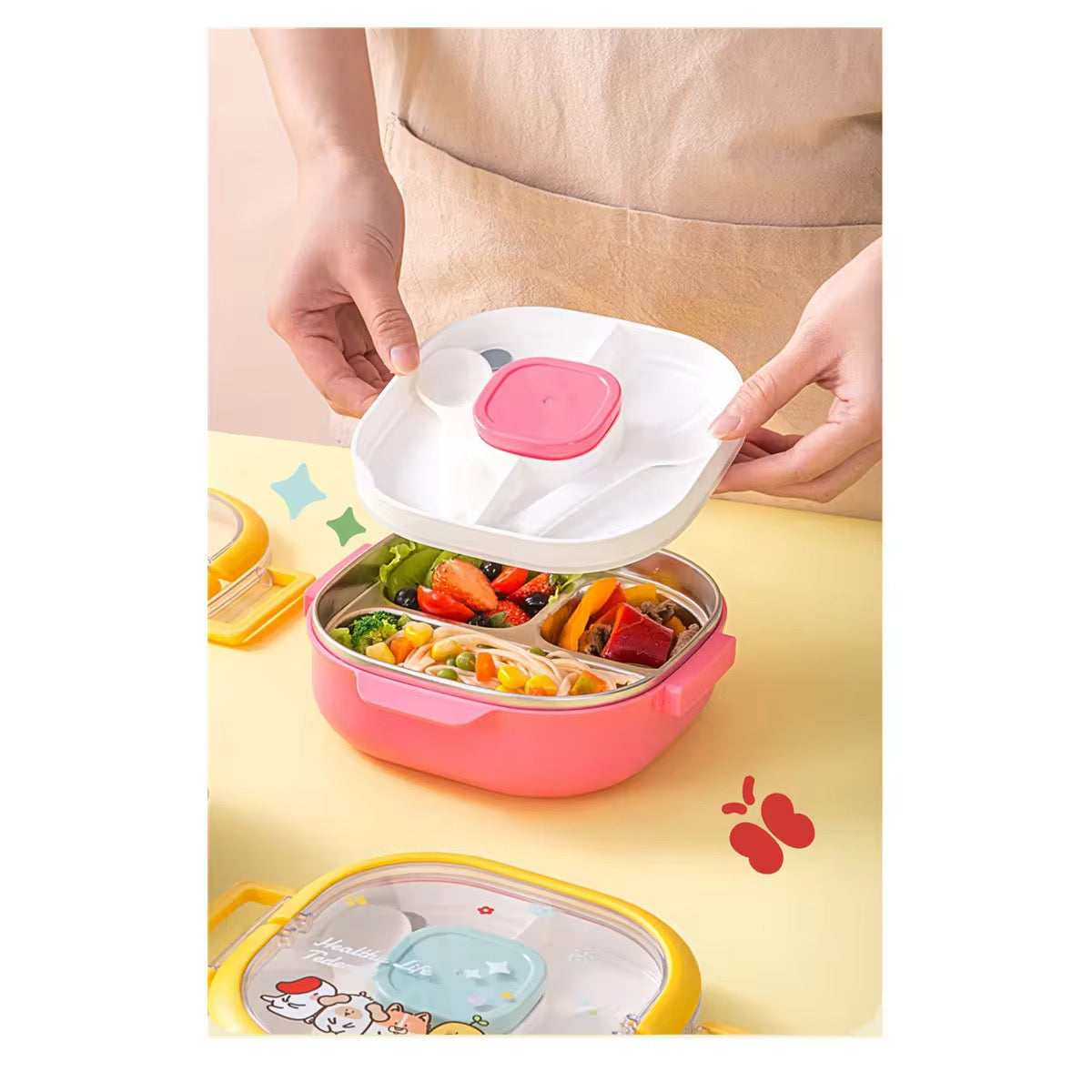 Insulated Lunch Box|Stainless Steel|3 Compartments to Keep Eating Mess Free|Lightweight, Fits in The Bag|Small Container for Pickle/Sauce|Comes with Fork & Spoon|Easy to Carry - 700 ML,