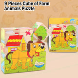 3D Wooden Jigsaw Puzzle Cube Blocks for Kids – 6-in-1 Farm Animals Puzzle with 9 Pieces – Early Learning Educational Toys