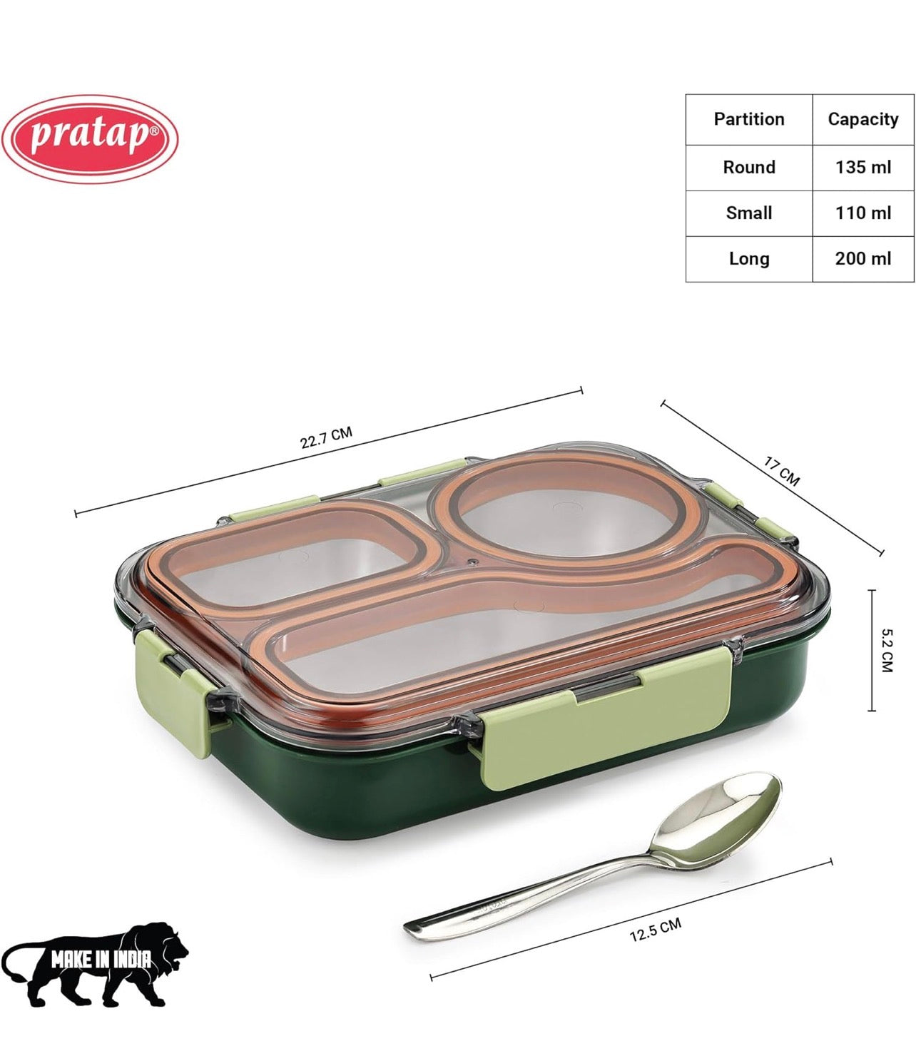 Leak Proof Airtight Unbreakable Lid BPA Free Ceelik Trio NX Insulated Lunch Tiffin Box, 1 Steel Spoon 3 Compartment Lunch Box Steel for School Kids Boys Mens Girls Office Women