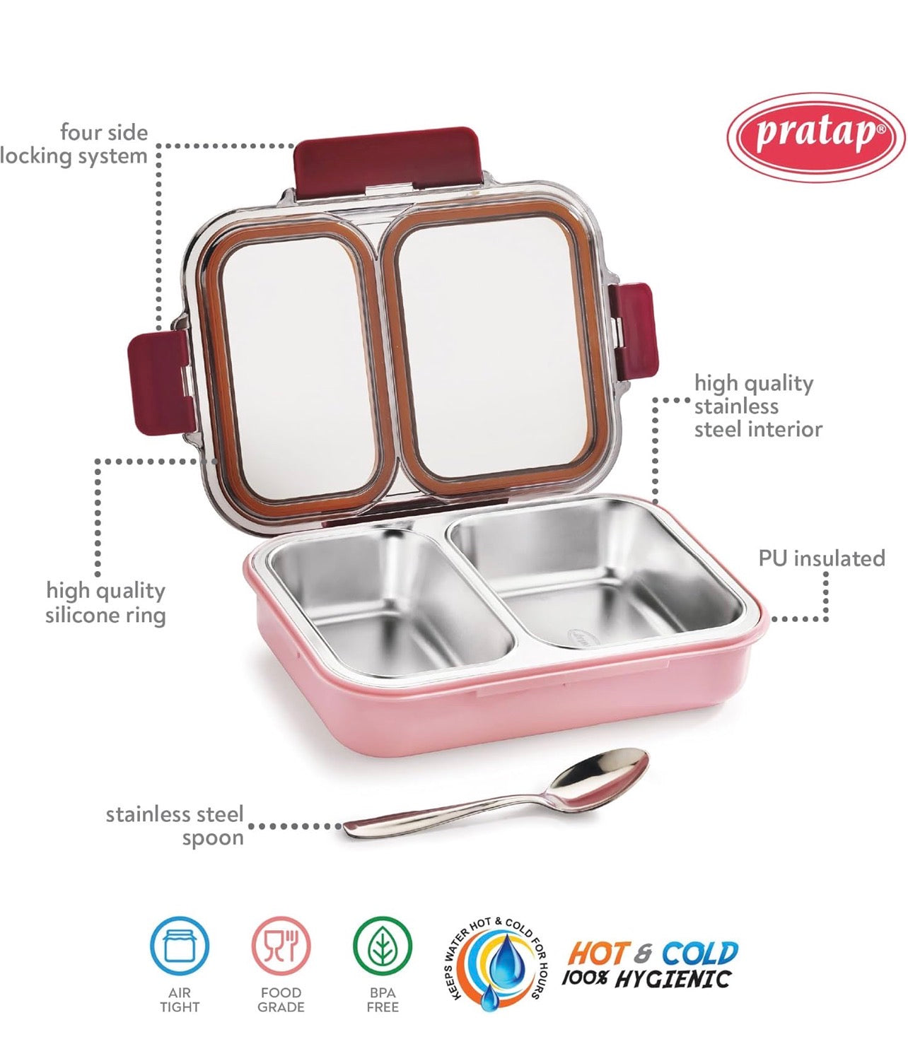 Leak Proof Airtight Unbreakable Lid BPA Free Ceelik Duo Stainless Steel Insulated Lunch Tiffin Box Set with Steel Spoon 2 Compartment Lunch Box for School Kids, Office Women Men