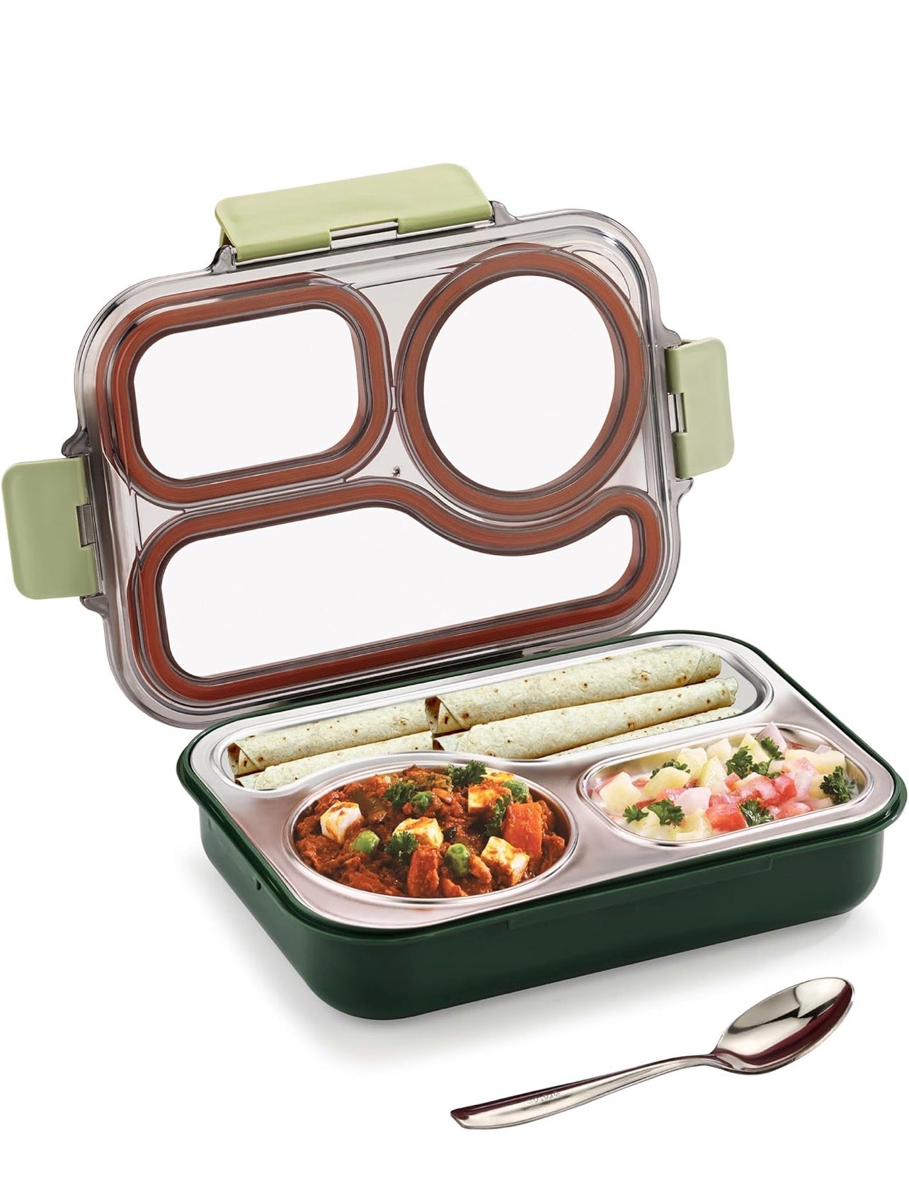 Leak Proof Airtight Unbreakable Lid BPA Free Ceelik Trio NX Insulated Lunch Tiffin Box, 1 Steel Spoon 3 Compartment Lunch Box Steel for School Kids Boys Mens Girls Office Women