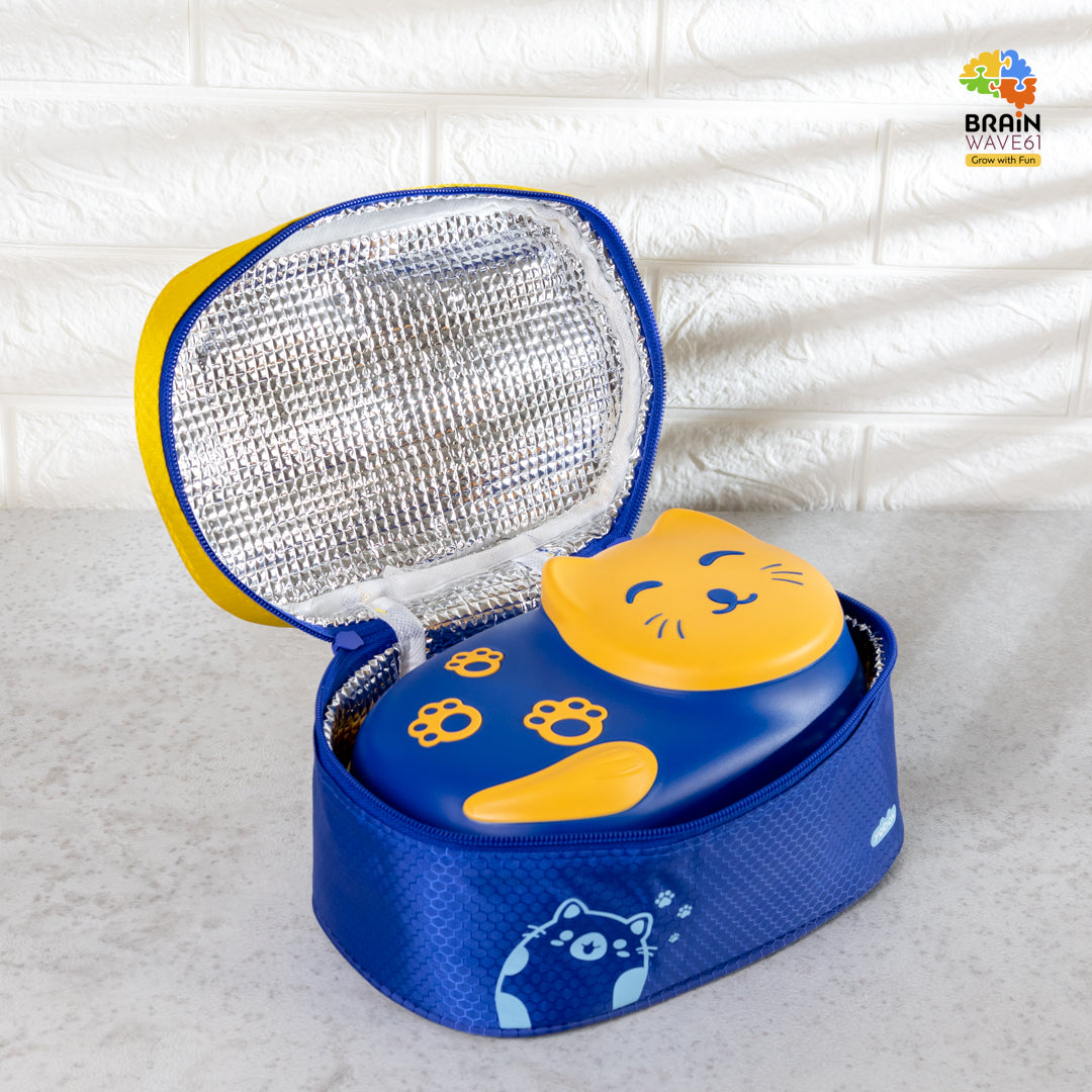 Little cat 3 compartment stainless lunch box with cutlery and lunch bag