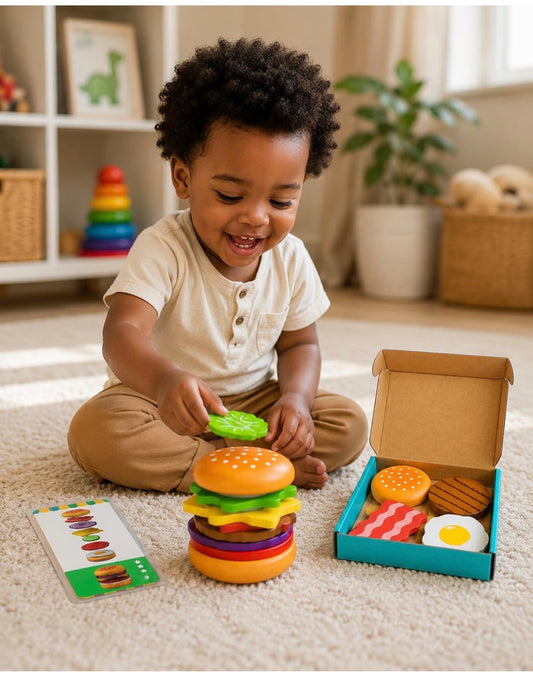 Wooden Burger Stacking Toy Set - Pretend Play Kitchen Toys for Kids