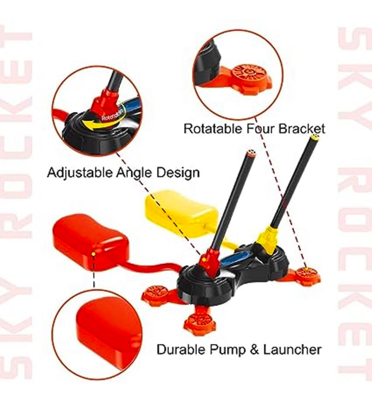 Multi Sky Rocket Toys For Kids , 4 Foam Tipped Rockets , Dual Shot Stomp Launcher Outdoor Toy Set