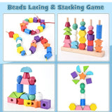 Montessori Wooden Beads Geometric Stacking Blocks Lacing Beads Matching Shape Stacker Montessori Toys for 3 4 5 Year Old Mega Blocks for Toddlers